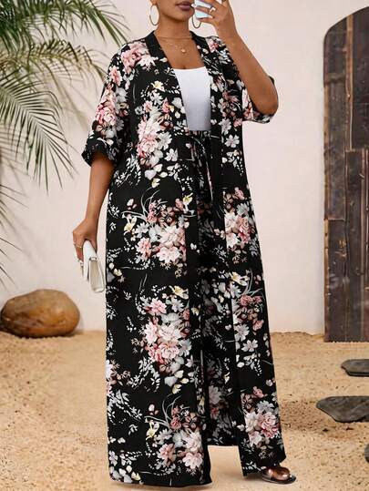 Villa Velisse Plus Size Women Floral Print Open Front Mid-Sleeve Robe Jacket And Wide Leg Pants Casual Outfit
