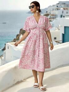 Plus Size Woven Printed Elegant Summer Women's Dress For Vacation - Pink - View 3
