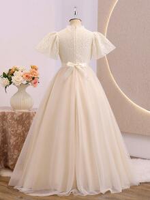 Đầm dài ren phối lưới màu mơ cho bé gái, tay ngắn, kiểu dáng thời trang mới, thích hợp cho các bữa tiệc. - Màu be - Xem 2
