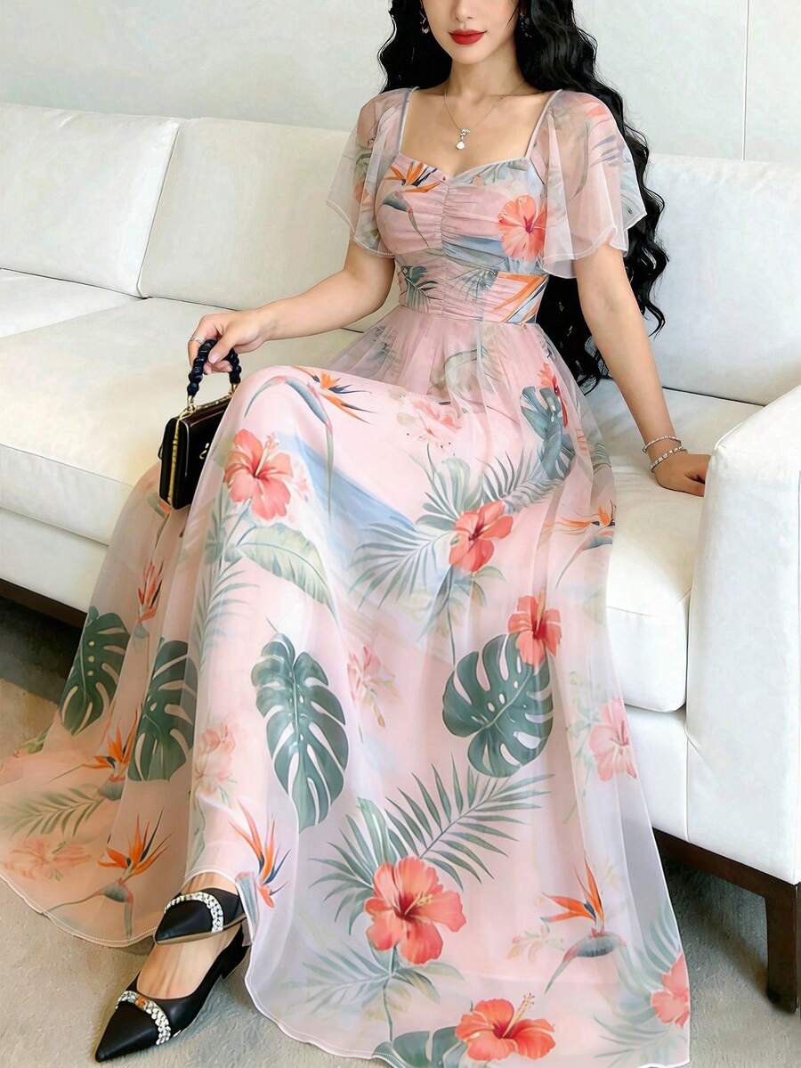 Modelyn 女款粉色花卉方領荷葉袖長洋裝,熱帶扶桑花與椰子樹碎花夏日度假茶會度假洋裝 - 彩色 - 查看 1