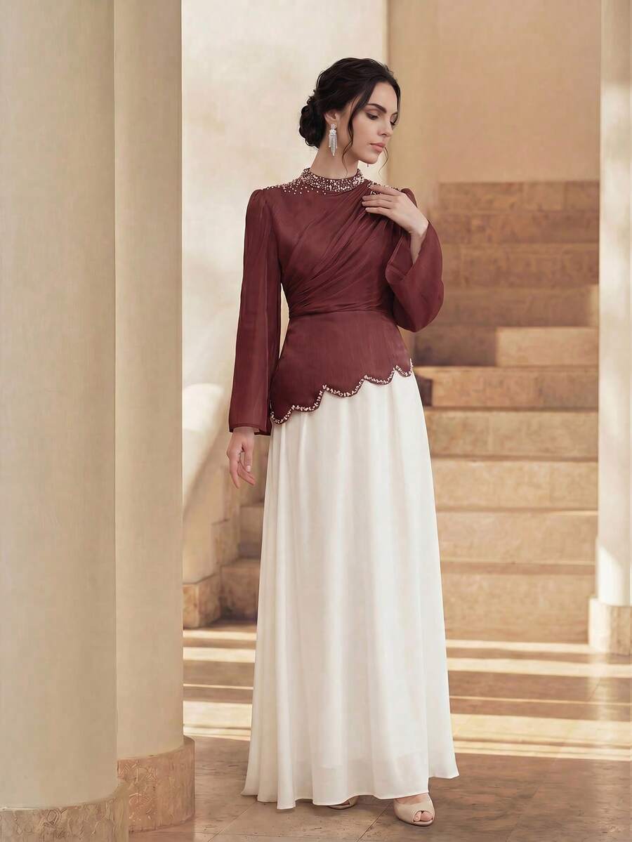 Anewsta Women's Solid Color Mandarin Collar Asymmetrical Rhinestone Embellished Flared Soft Elegant Dress - Burgundy - View 1