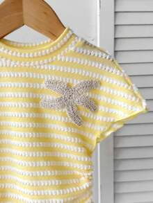 SHEIN Kids Young Girl Casual Vacation Elegant Striped Knit Starfish Decor Form-Fitting Shirred Short Sleeve Top And Matching Pants Set Striped Outfit Set Outfits Sets Yellow And White Outfit Set Striped Two Pieces Set Striped Pants Striped Top Young Girl Sets Young Girl Summer Outfits Young Pant Set Spring And Summer Striped Short Sleeve Suit - Yellow - View 7