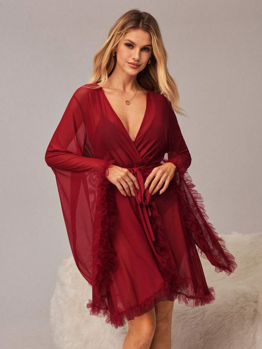 HautHeat Women's Sexy Mesh Sheer Ruffle Flare Sleeve Robe For Summer - Burgundy - View 1