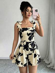 Elenzga Bộ jumpsuit nữ in họa tiết đen trắng, thiết kế thanh lịch, thích hợp cho Ngày Valentine, Lễ Phục Sinh, Ngày Lao động, Sinh nhật, Hẹn hò, Tiệc tùng, Các dịp trang trọng, trang phục giáo viên, du lịch, mùa xuân và mùa hè. - Màu be - Xem 3