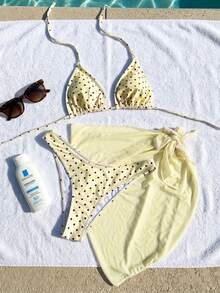 Swim Mod Conjunto de biquíni feminino de 2 peças para praia, moda praia sexy e charmosa para férias, top cropped com alças cruzadas nas costas e calcinha de biquíni com amarração lateral, estampa floral/de bolinhas aleatória, saia pareô em cor sólida, ideal para primavera/verão. - Multicolorido - Ver 3