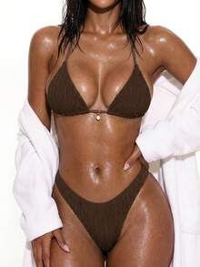 SHEIN Swim Women's Solid Color Simple Daily Brown Bikini Top For Summer Beach - Coffee Brown - View 3
