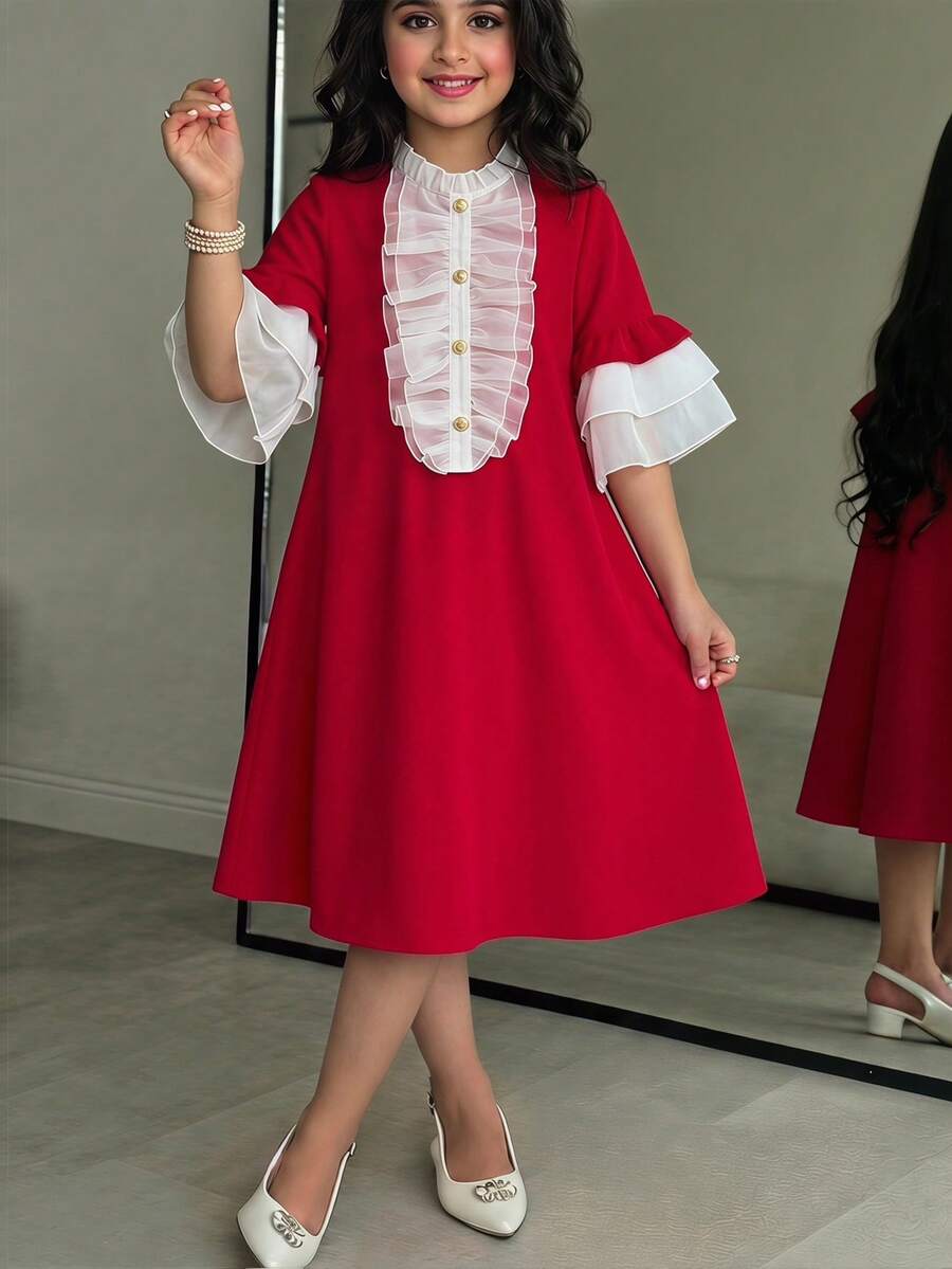 SHEIN 少女优雅撞色网纱荷叶边连衣裙 - 紅色 - 查看 1