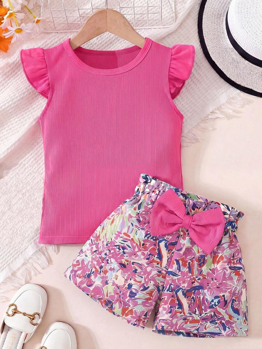 SHEIN 2pcs/Set Young Girl Ribbed Crew Neck Ruffle Sleeve T-Shirt And Bow Print Decorated Shorts - Hot Pink - View 1
