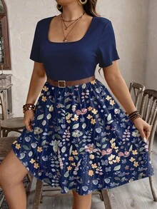 SHEIN LUNE Đầm ngắn tay dáng chữ A in hoa phong cách retro lãng mạn dành cho nữ cỡ lớn, thích hợp cho mùa hè, màu xanh dương. - Nhiều màu - Xem 6