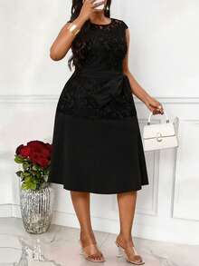 Villa Velisse Plus Size Summer Casual Elegant Contrast Lace Round Neck Dress - Black - View 3