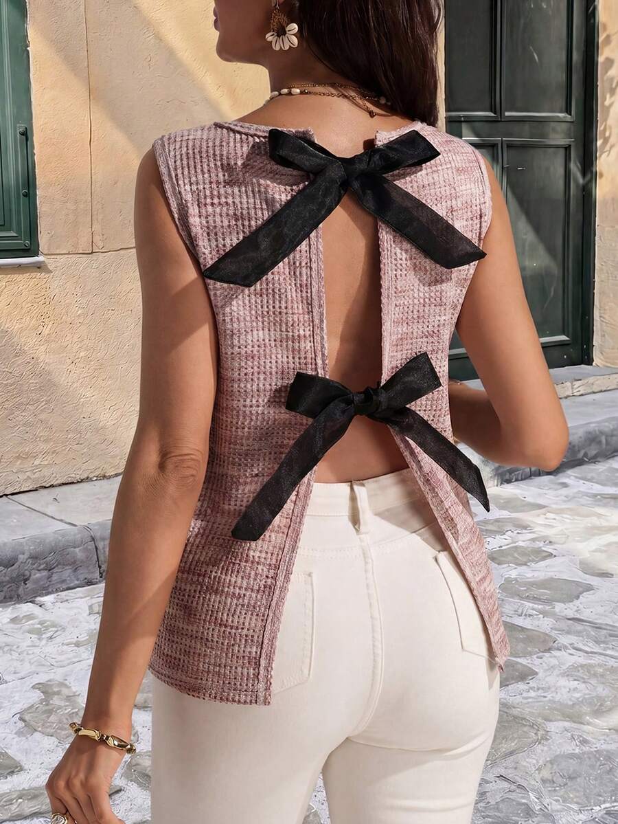 SHEIN Áo thun bầu cổ tròn thắt nơ sau lưng, kiểu dáng thường ngày đa năng. - Hồng - Xem 1