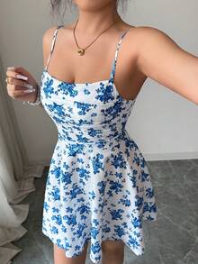 Allurite Casual Vacation Blue & White Ditsy Floral Sleeveless Pleated Front Ruffle Hem One-Piece Dress, Vacation Dress, Beach Dress, Summer Dress, Daily Dress - Blue - View 4