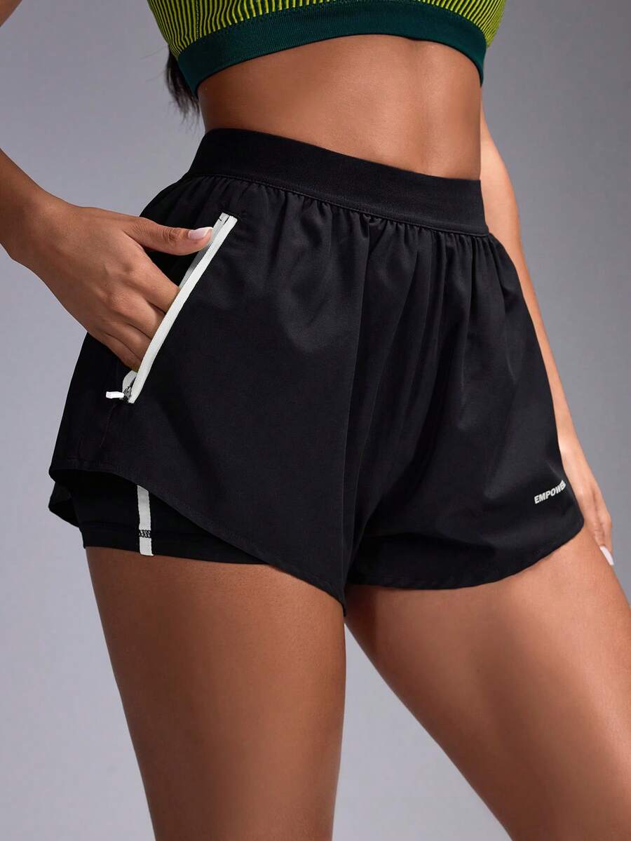Powerista Women's Zipper Pocket Daily Fitness Double-Layer Sports Shorts - Black and White - View 1