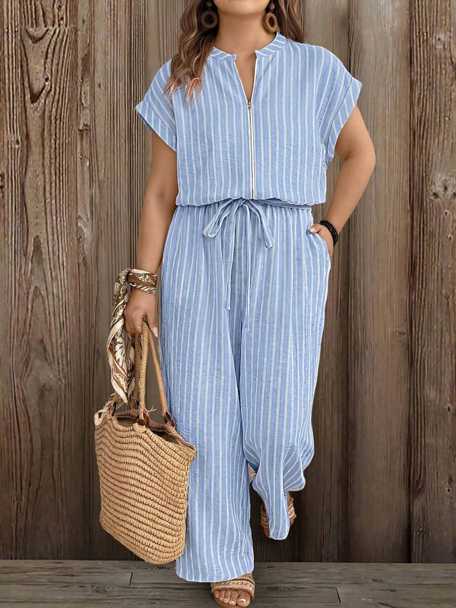 EMERY ROSE Large-Sized Woven Striped Vacation Casual Women's Jumpsuit - Blue - View 1