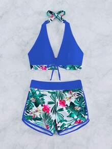 Summer Beach Tropical Print Halter Bikini - Blue - View 5
