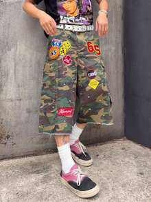 Men's Embroidered Pattern Pearl Decor Loose Camouflage Denim Shorts - Army Green - View 6