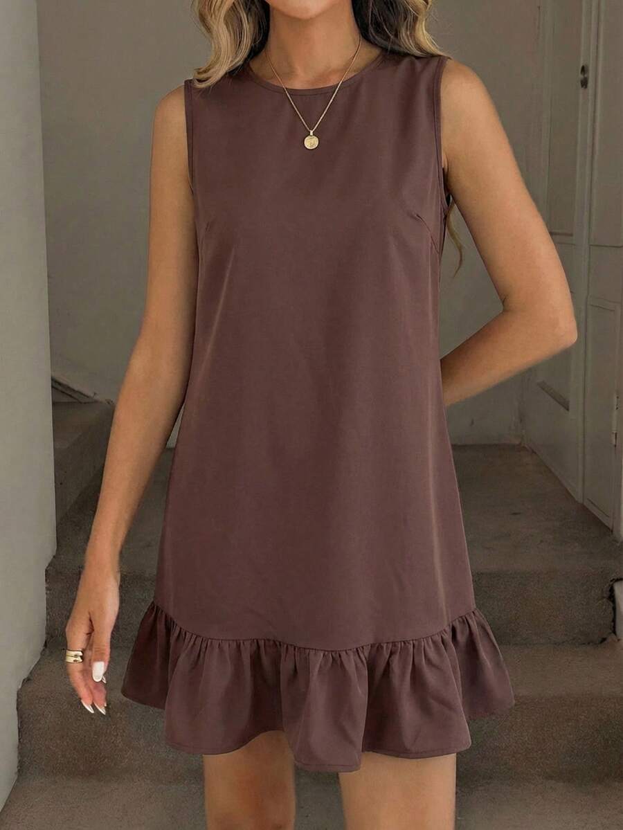 Easowa 女士纯色圆领时尚约会派对迷你连衣裙 - 鏽棕色 - 查看 1