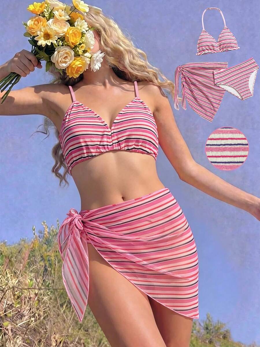 SHEIN 3件套少女条纹比基尼套装，含披肩，时尚优雅泳装，适合游泳、夏季度假、海滩、泳池、节日派对 - 彩色 - 查看 1