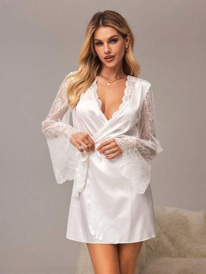 SHEIN 女士优雅纯色蕾丝拼接睡袍