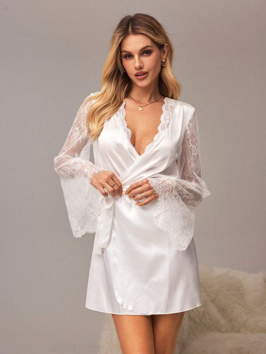 SHEIN 女士优雅纯色蕾丝拼接睡袍 - 白色 - 查看 1