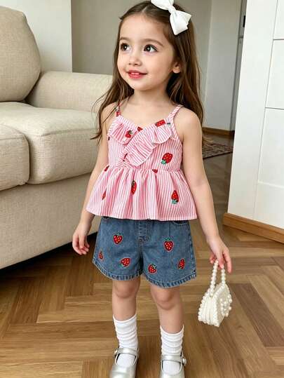 Souflis 2pcs/Set Girls' Summer Outfit, Pink Striped Gingham Camisole + Strawberry Embroidered Denim Shorts, Suitable For Casual, Travel, Beach, Back To School
