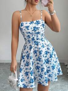 Allurite Casual Vacation Blue & White Ditsy Floral Sleeveless Pleated Front Ruffle Hem One-Piece Dress, Vacation Dress, Beach Dress, Summer Dress, Daily Dress - Blue - View 3