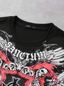 ROMWE MEN Goth Men's Skull Wing Cross Print Short Sleeve T-Shirt - Black - View 4