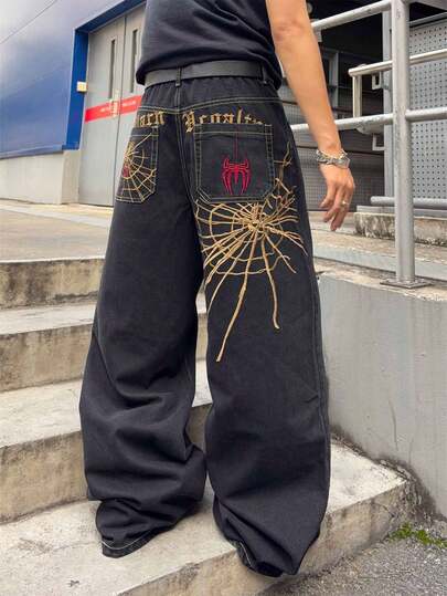 ROMWE MEN Men's Loose Fit Jeans With Spider Web Embroidery Pattern
