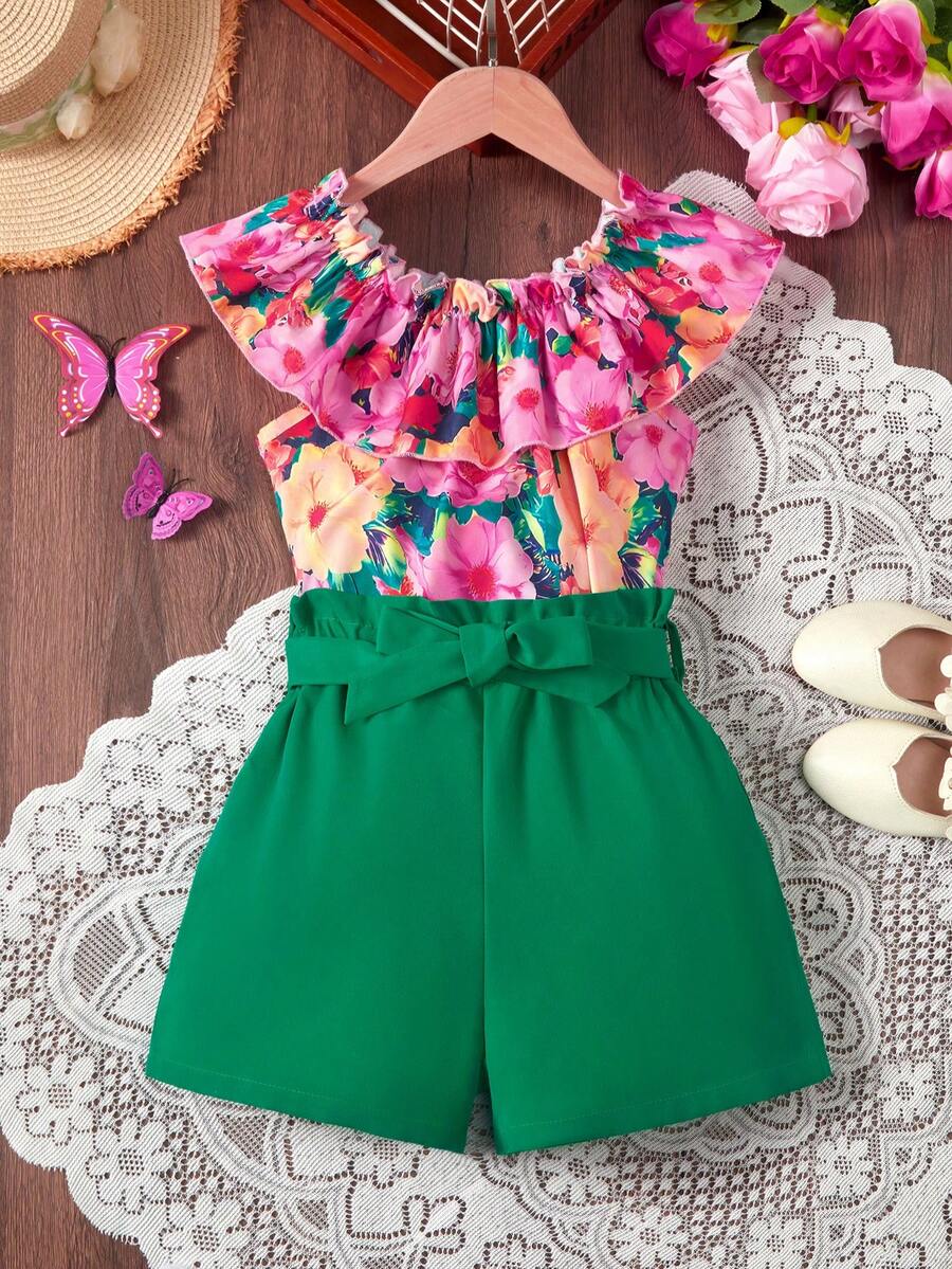 SHEIN Tween Girls' Vacation Casual Floral Print Shirt And Shorts 2 Pieces Set - Multicolor - View 1