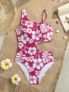 SHEIN Traje de baño de una pieza con estampado floral fucsia y diseño hueco para niñas preadolescentes, ideal para vacaciones en la playa - Rosa Fucsia - Ver 6