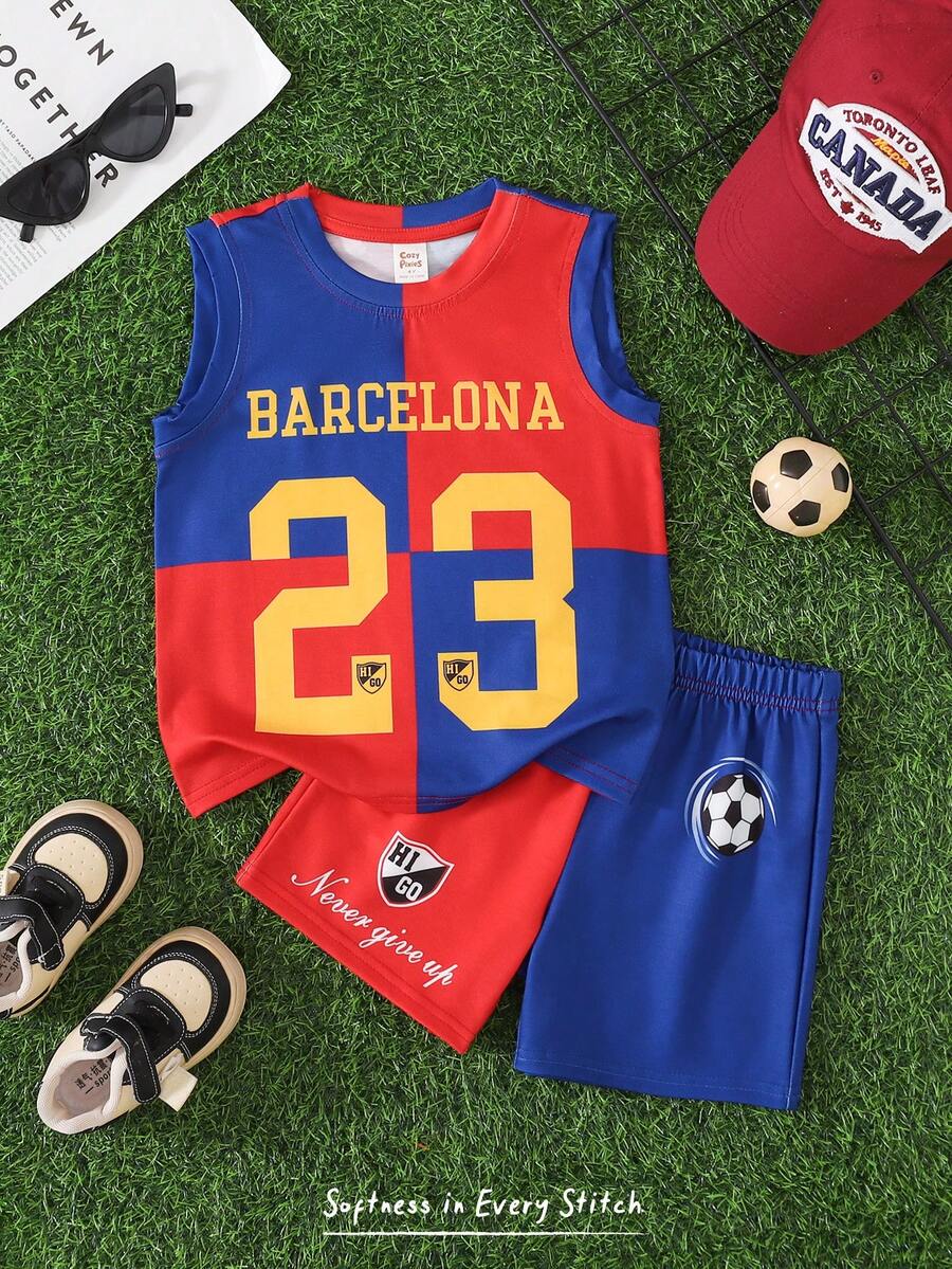 Cozy Pixies 2pcs/Set Young Boy Numeric Pattern Knit Soft Round Neck Short Sleeve Pullover Top And Elastic Waist Shorts - Multicolor - View 1