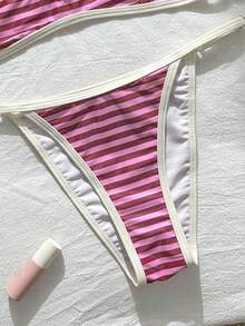 Swim Mod Women's Random Floral Print Spaghetti Strap Ruffled Bikini Set, Spring/Summer Elegant Sexy Beach Party Pink - Multicolor - View 4