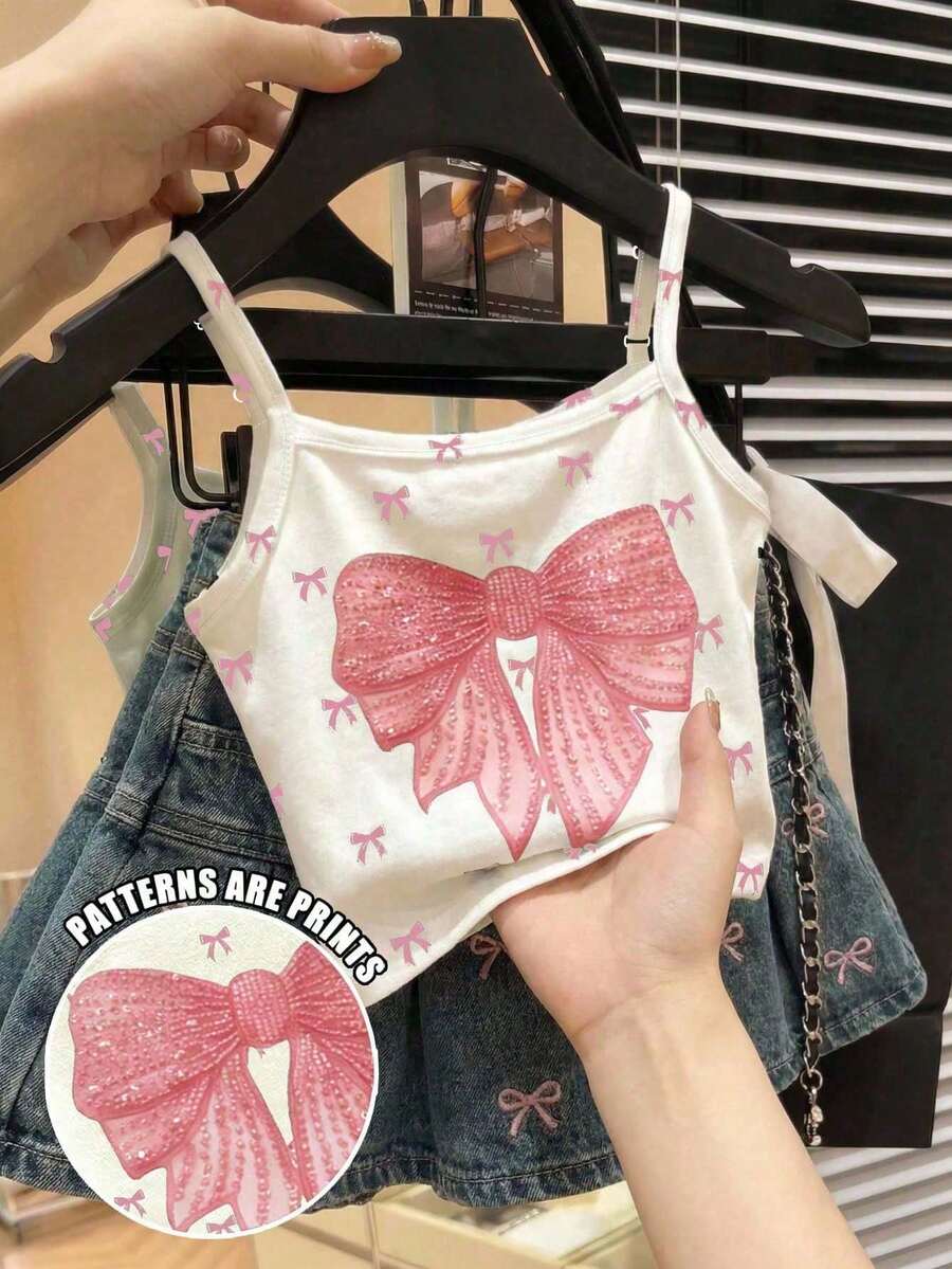 SHEIN Parte superior de camisola estilo minimalista casual coreano, con estampado elegante y delicado de lazo, adecuado para verano, cómodo y con estilo para niñas, primavera y verano - Blanco - Ver 1