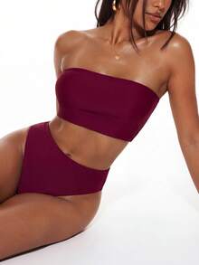 SHEIN Swim 2026春夏新款女士露背系带玫红色侧高衩两件式比基尼泳衣 - 中紫紅色 - 查看 2