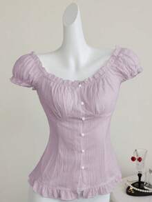 Elamini White Sexy Off Shoulder Petal Sleeve Frill Trim Fitted Blouse, Slimming Fit For Spring/Summer Vacation - Mauve Purple - View 5