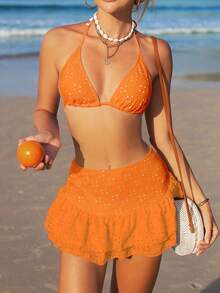 Swim Mod 女士海灘度假頸掛比基尼套裝，配搭遮陽連身裙，夏季海灘泳衣 - 橘色 - 查看 1
