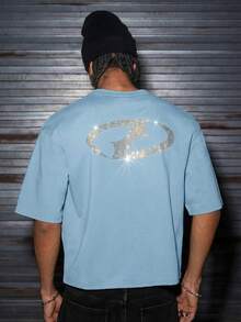 AXEPEAK Men's Rhinestone Design Round Neck Casual Short Sleeve T-Shirt - Baby Blue - View 2