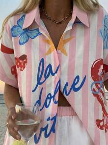 Vaclyn Women's Summer Vacation Casual Printed Shirt & Shorts 2 Pieces Set - Baby Pink - View 5