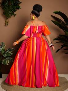 SHEIN CURVE+ Plus Size Sexy Off-Shoulder Cinched Waist Dress, Flattering Fit, Suitable For Halloween, Spring/Summer - Hot Pink - View 2