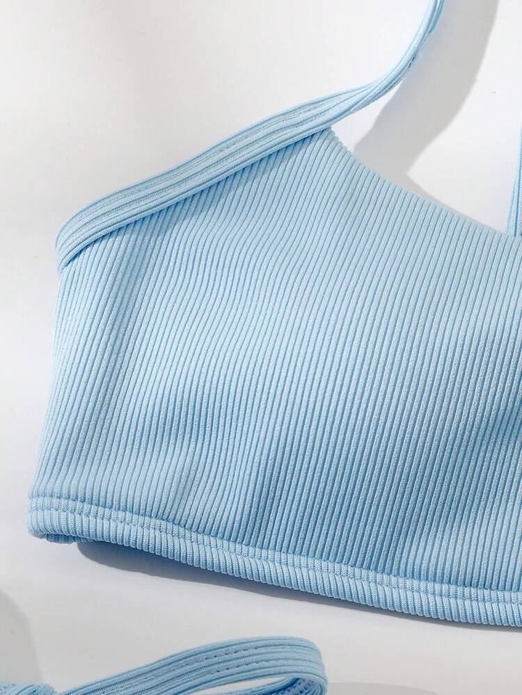 Summer Beach Ribbed Bikini Set Adjustable Strap Cami Top & Tie Side Thong Bottom 2 Piece Bathing Suit