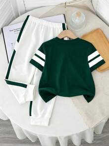 SHEIN Bộ đồ thể thao dáng rộng thoải mái, cổ tròn, tay ngắn và quần dài cho bé trai, kiểu dáng thể thao, thu đông mới. - Nhiều màu - Xem 3