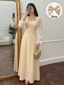 Modelyn 方领撞色荷叶袖长款连衣裙 - 杏色 - 查看 8
