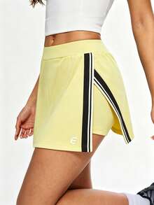 Eassivo Falda deportiva para mujer con pantalón corto incorporado, falda de tenis con abertura frontal de color contrastante, cintura alta con control de abdomen, alta elasticidad - Butter Yellow - Ver 3