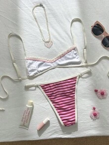 Swim Mod Women's Random Floral Print Spaghetti Strap Ruffled Bikini Set, Spring/Summer Elegant Sexy Beach Party Pink - Multicolor - View 2