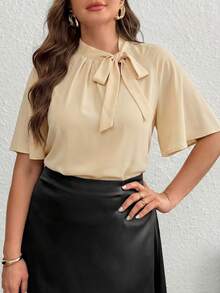 SHEIN Privé 大码女式纯色系带领插肩袖优雅衬衫 - 鵝黃色 - 查看 6