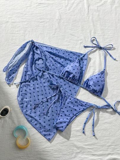 Swim Mod Bộ 3 món gồm váy đi biển buộc dây cổ yếm in họa tiết ngẫu nhiên dành cho nữ, bộ bikini đi nghỉ mát kiểu vintage.