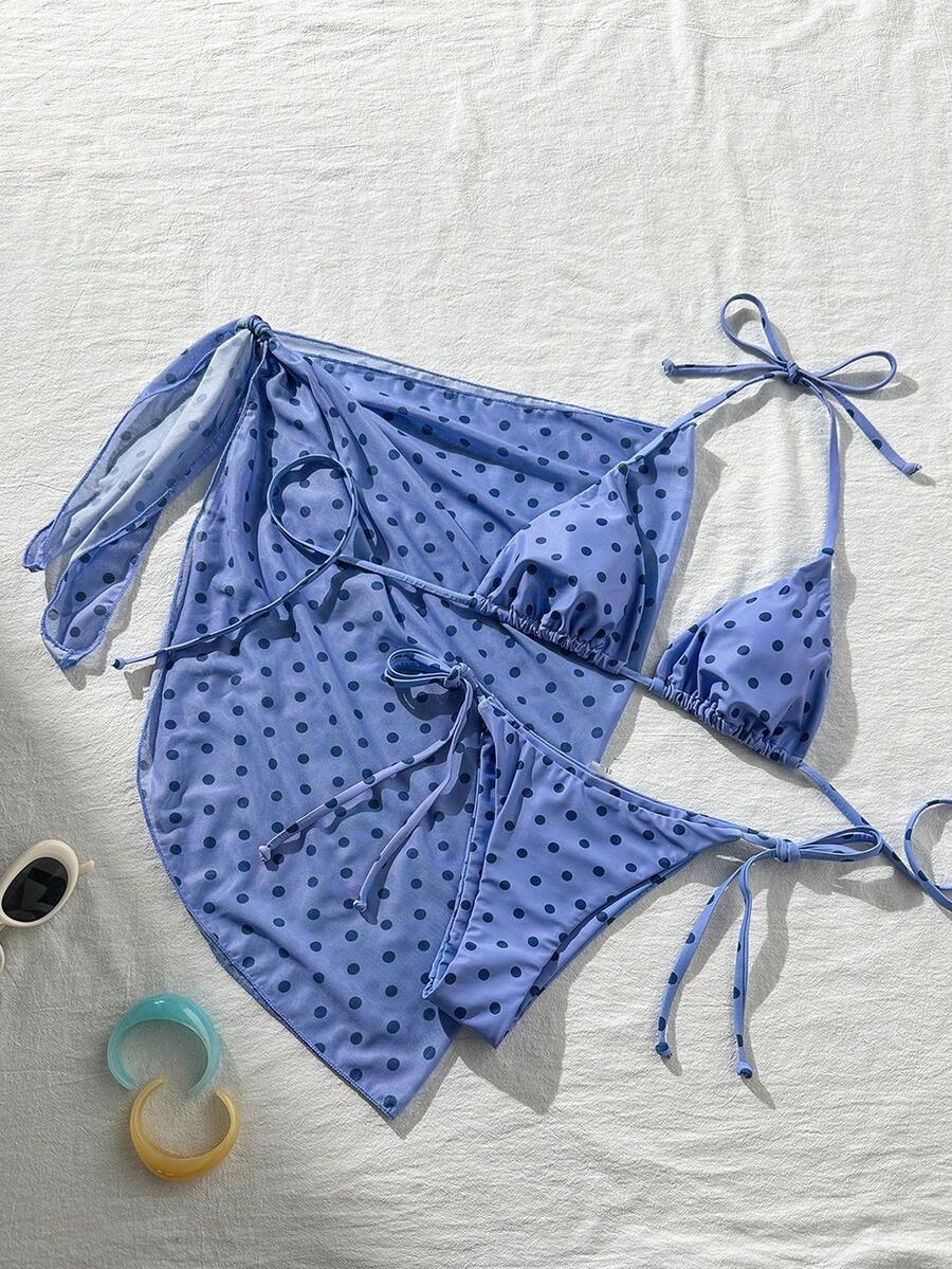 Swim Mod 3件套女士随机印花吊带沙滩裙,系带复古度假比基尼泳装套装,适合度假邮轮旅行沙滩日光浴,含罩衫,比基尼罩衫套装,女士比基尼套装 - 彩色 - 查看 1