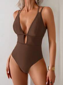 Swim Basics 1 件女式性感修身腰部合身连体泳衣，度假休闲 - 咖啡棕 - 查看 4
