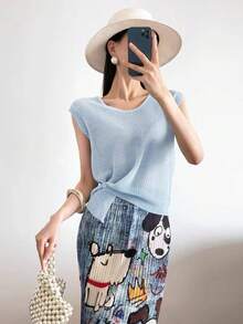 INAWLY 圆领轻薄镂空针织吊带背心 - 淺藍色 - 查看 6