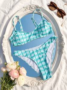 SHEIN Swim Mod Bộ đồ đi biển 2 món dành cho nữ, kiểu dáng thời trang, dễ thương, gợi cảm, thích hợp cho kỳ nghỉ bên bờ biển, hồ bơi, áo hai dây kẻ caro màu xanh lá cây. - Nhiều màu - Xem 3